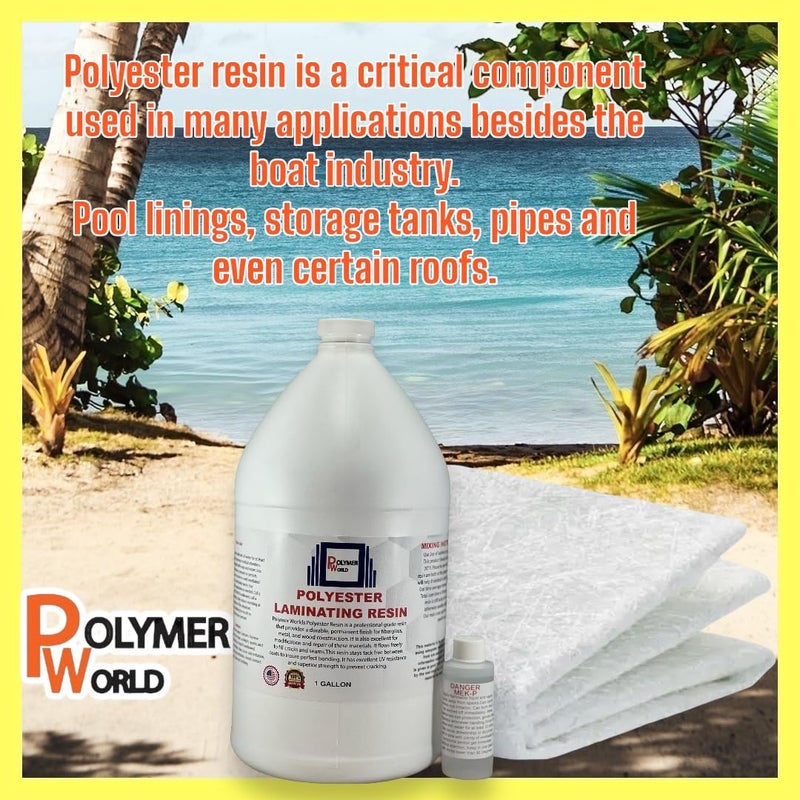Polymer World - 1 Gal Polyester Resin with Rolled .75x50x5 Yard Chopped Strand Mat, Fiberglass Kit for Boats, Cars, Surfboard, RV, Canoes, Jetski, Watercraft, with MEKP - Image 2